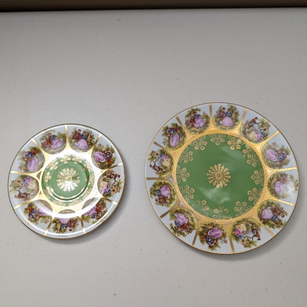 Vintage plate and saucer.  4 different scenes. J. K. Decor. Bavaria.